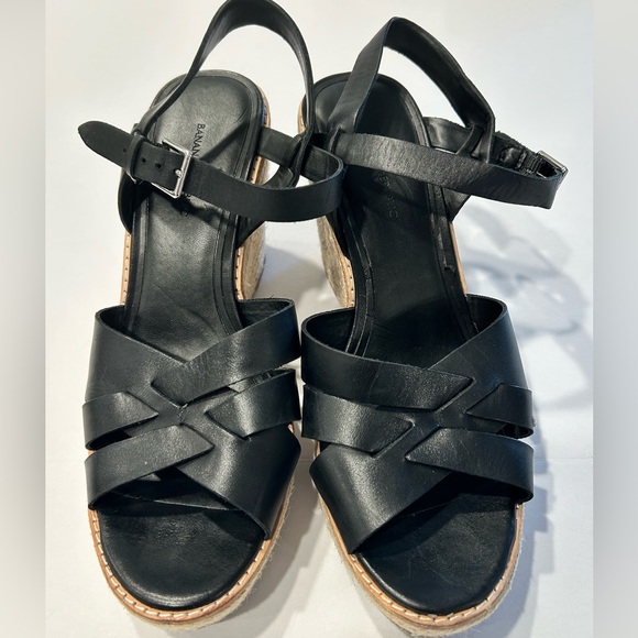 Banana Republic Shoes - Black Leather Espadrille Wedge Sandals Adjustable Ankle Strap Sz 9.5 Preowned